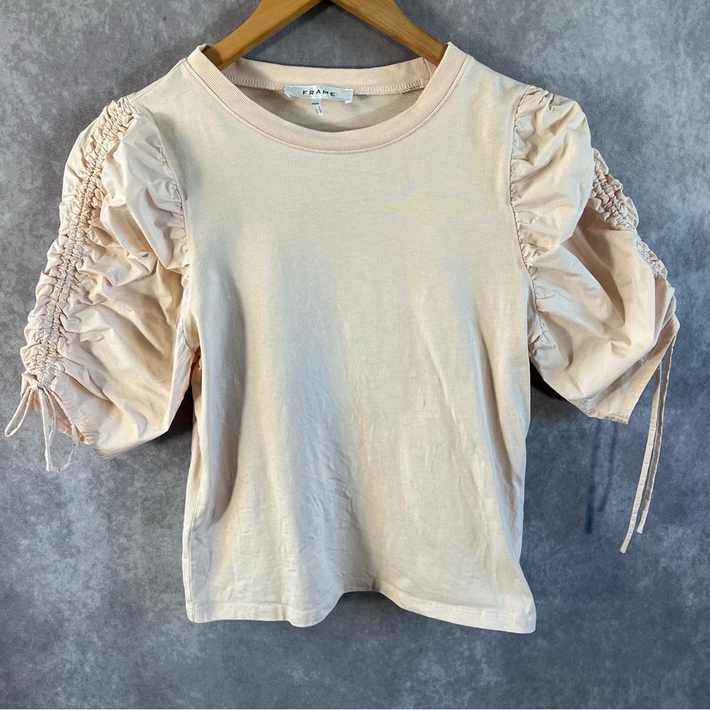 Frame Blouse Women Medium Beige Solid Ruched Tie Short Sleeve Top *See Descrip*